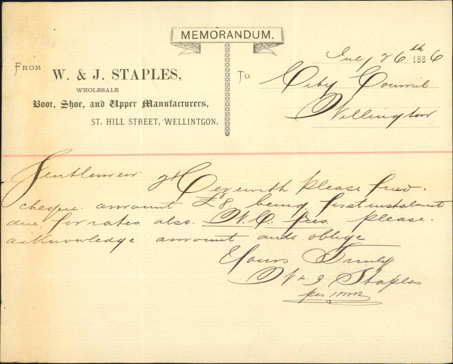 Enclosing cheque for rates - W &amp; J Staples