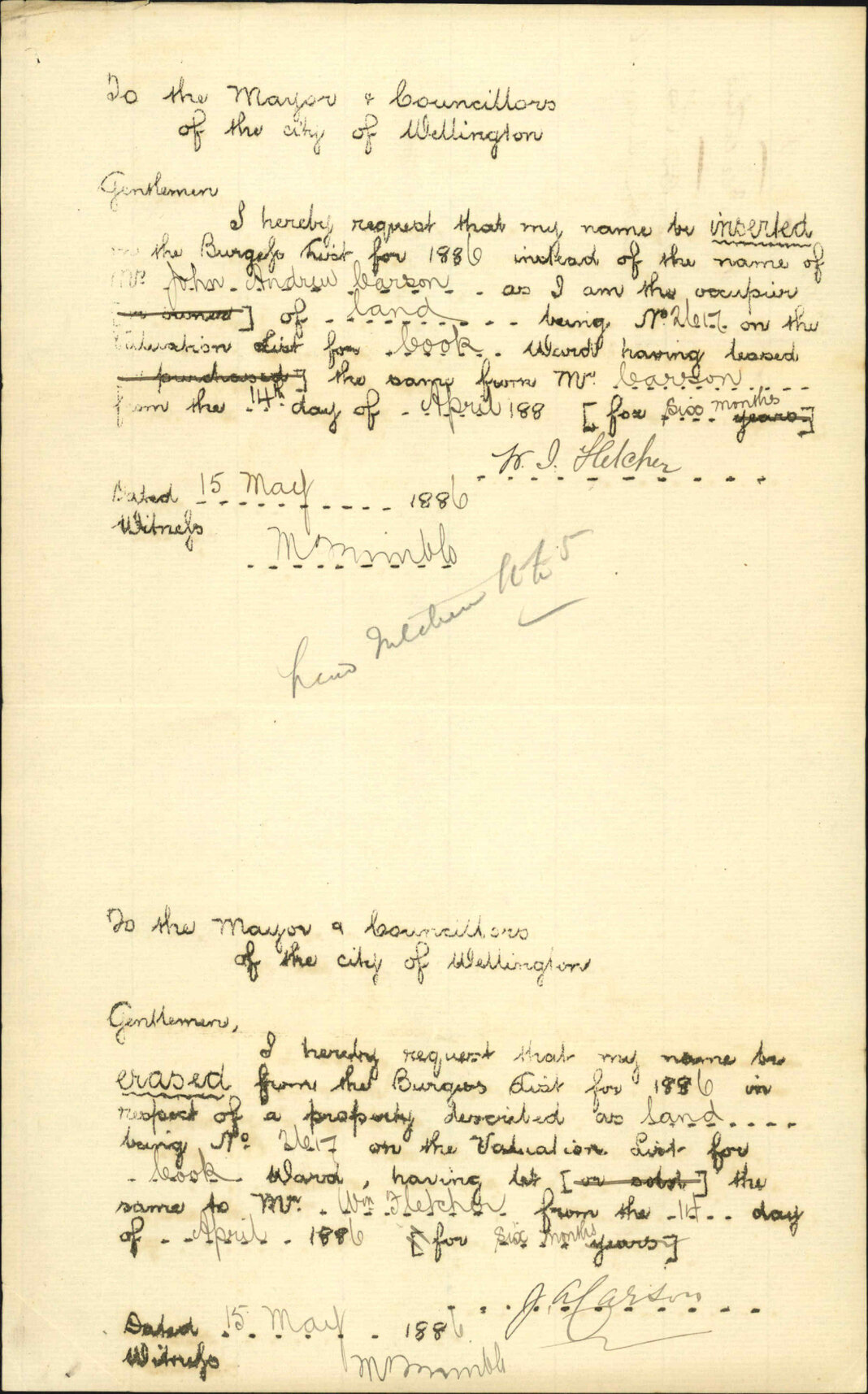 Application to be placed on Burgess Roll - W J Fletcher