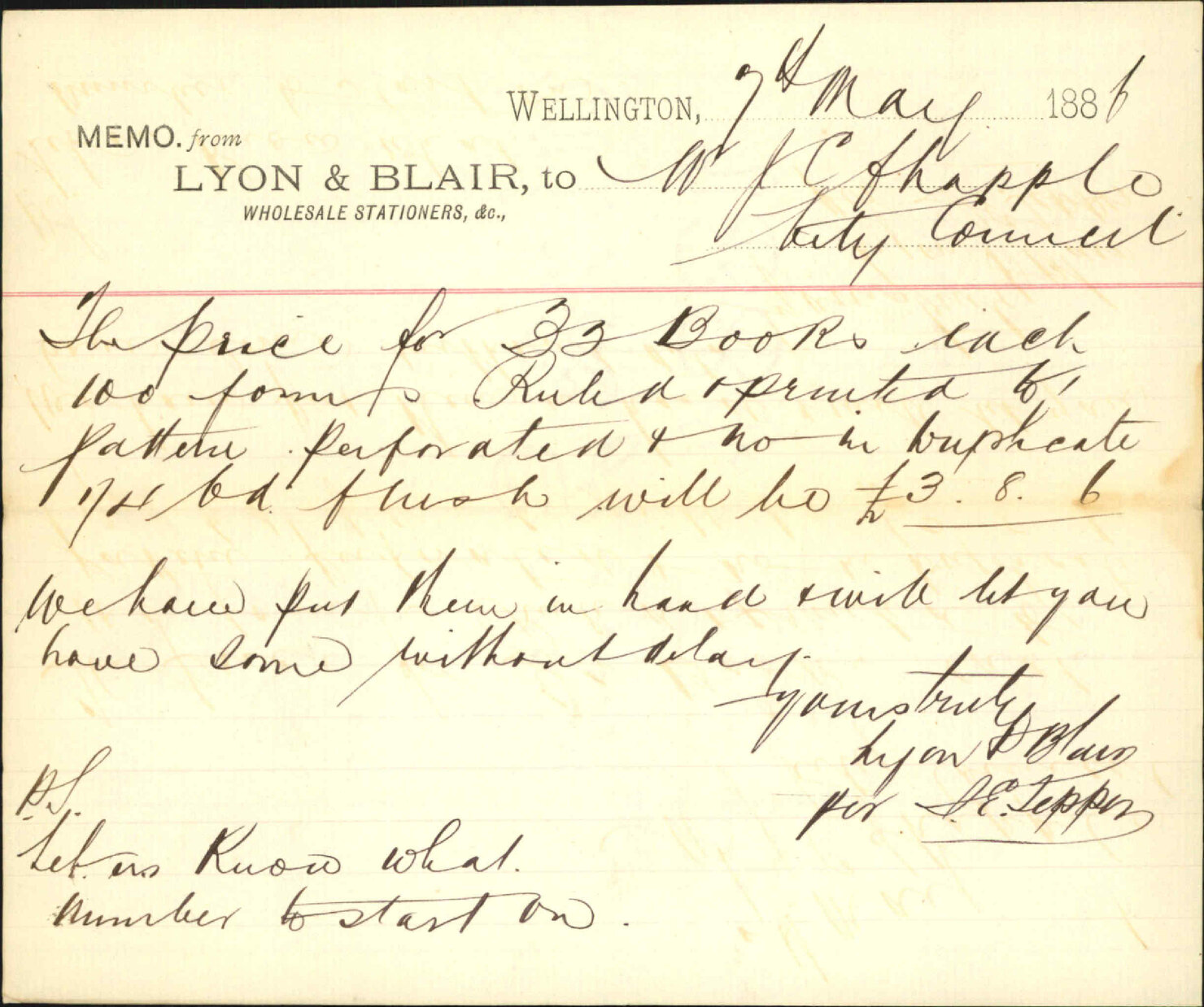 Tender for printing rate account books - Lyon and Blair