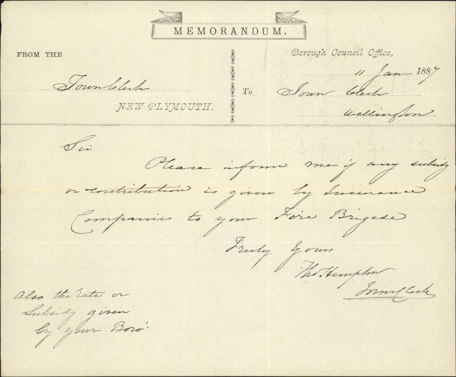 Enquiry as to insurance companies and Fire Brigade - Town Clerk, New Plymouth