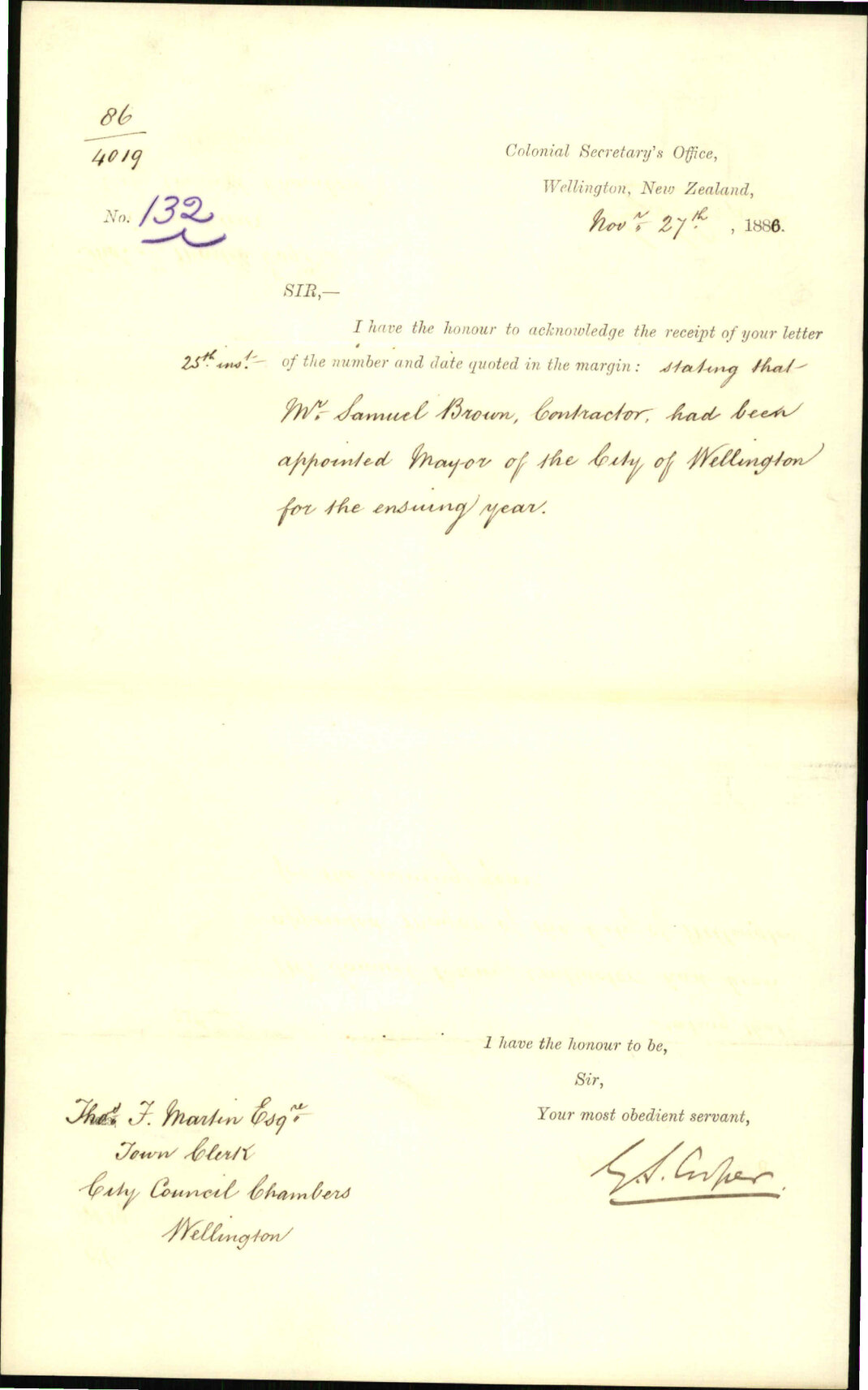 Acknowledgement of letter regarding election of Mayor - Colonial Secretary