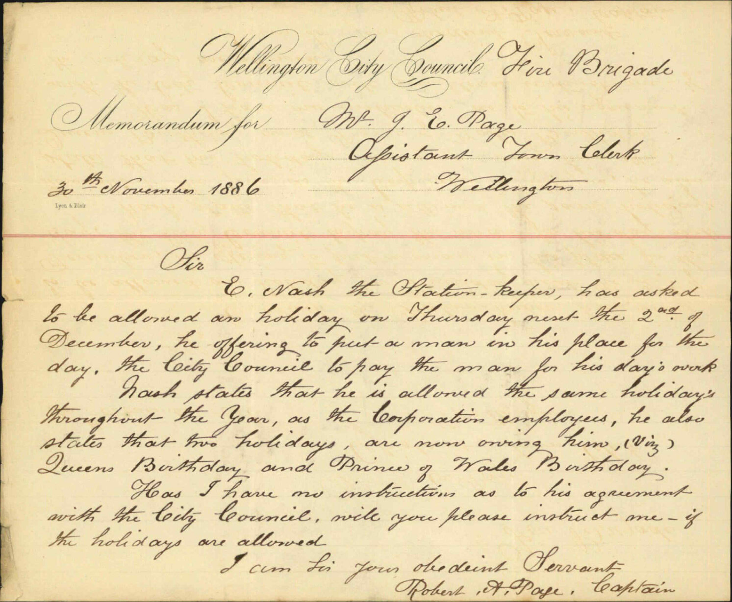Enquiry as to holidays for station keepers - Captain of Fire Brigade [Robert A Page]