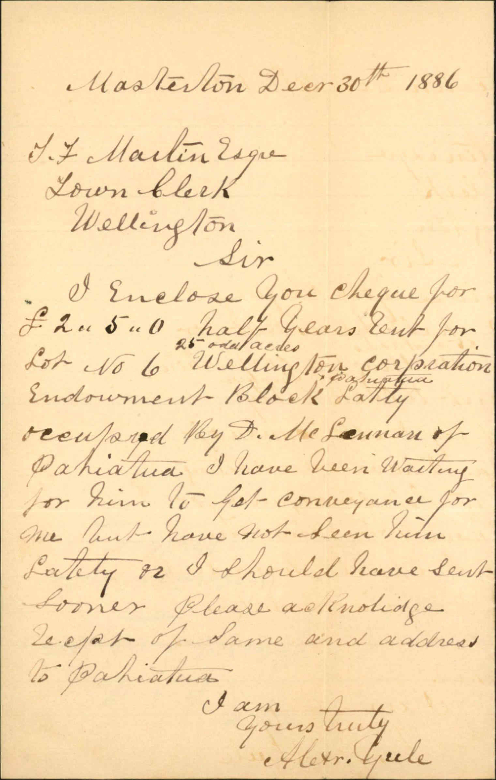 Enclosing cheque for rent - Alexander Yule (Masterton)