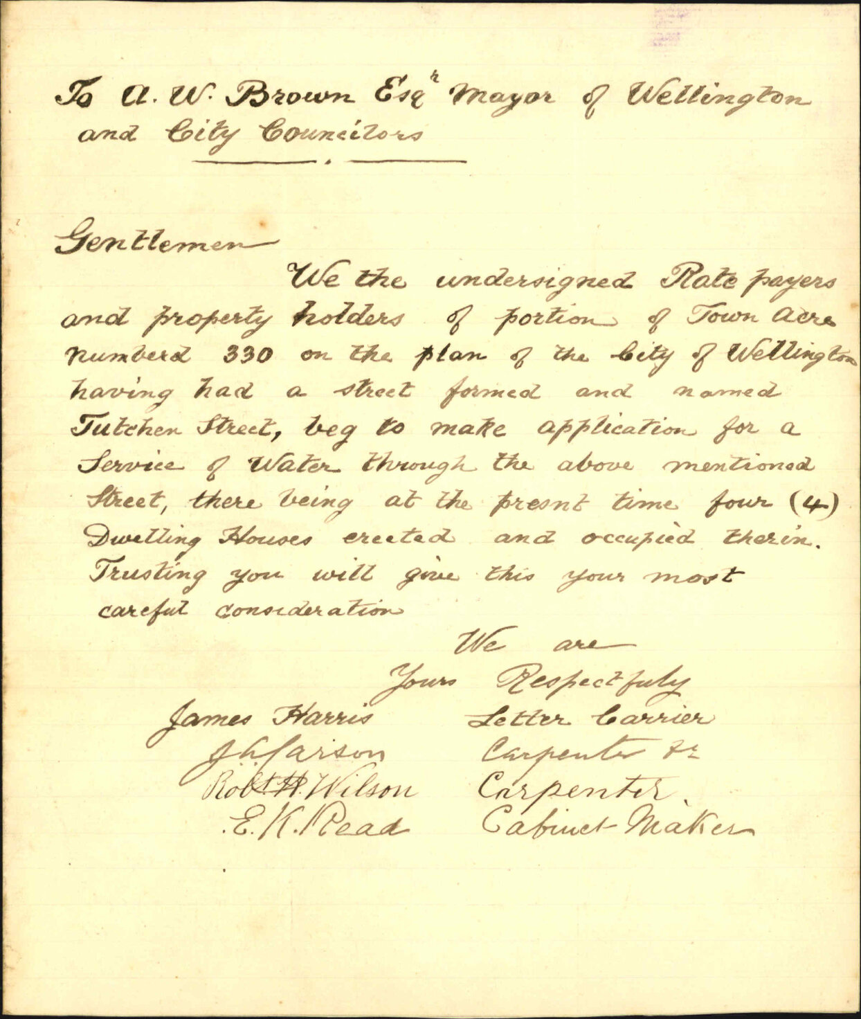 Petition regarding water service, Tutchen Street - James Harris and others
