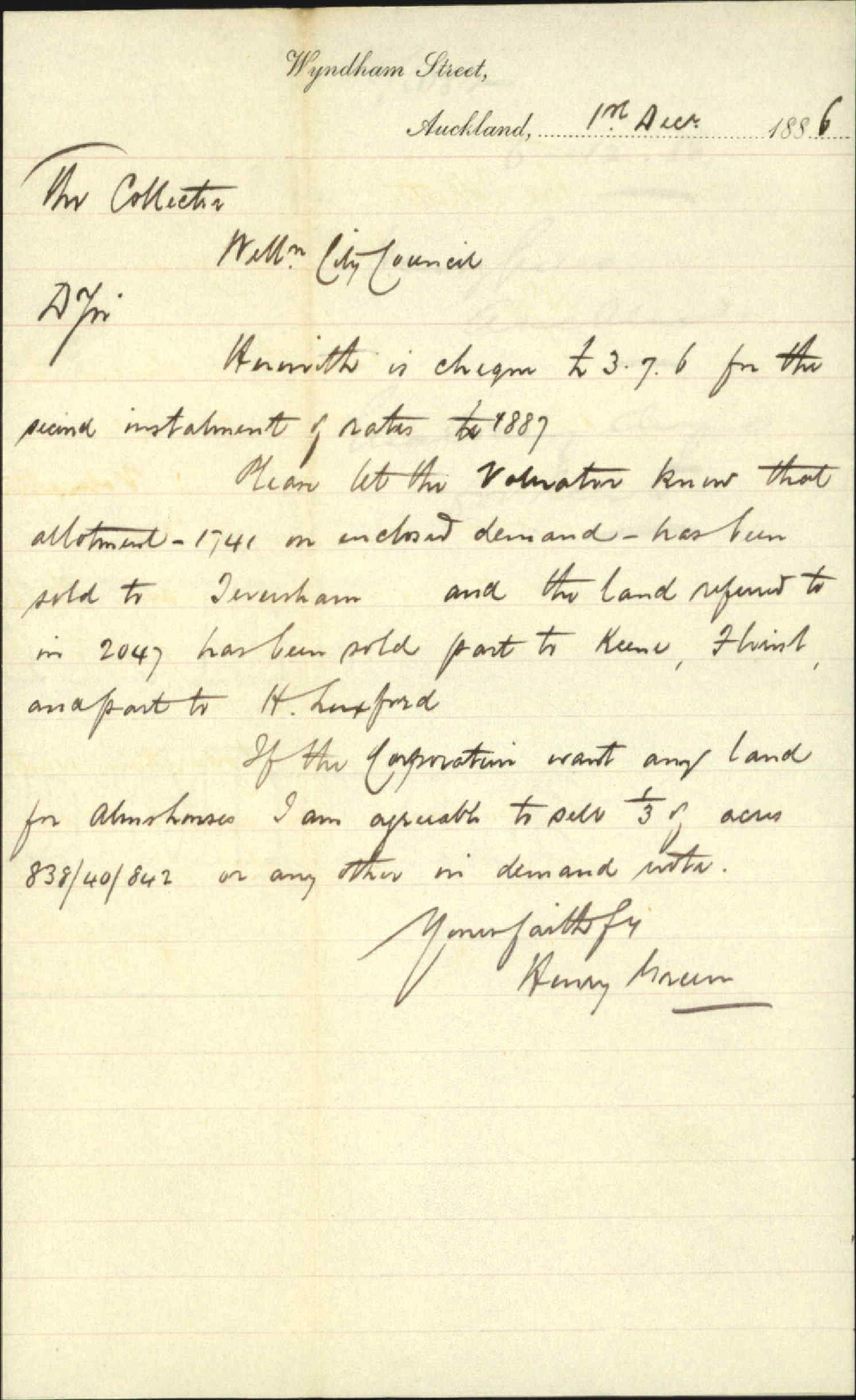 Enclosing cheque for rents - Henry , Auckland