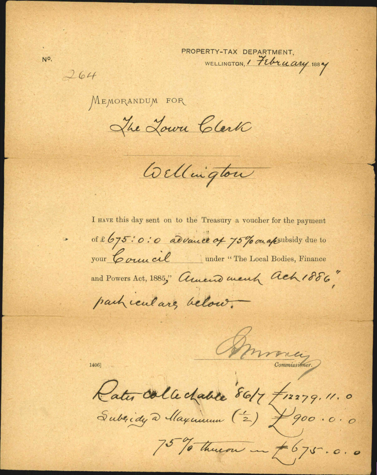 Subsidy under Local Bodies Finance and Powers Act 1885 - Property Tax Development
