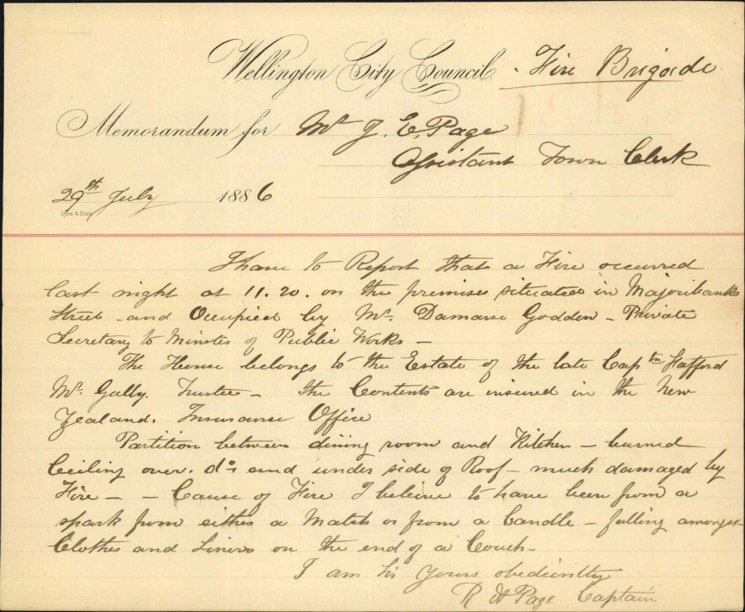 Reporting fire in Majoribanks Street - Robert A Page (Captain, Fire Brigade)