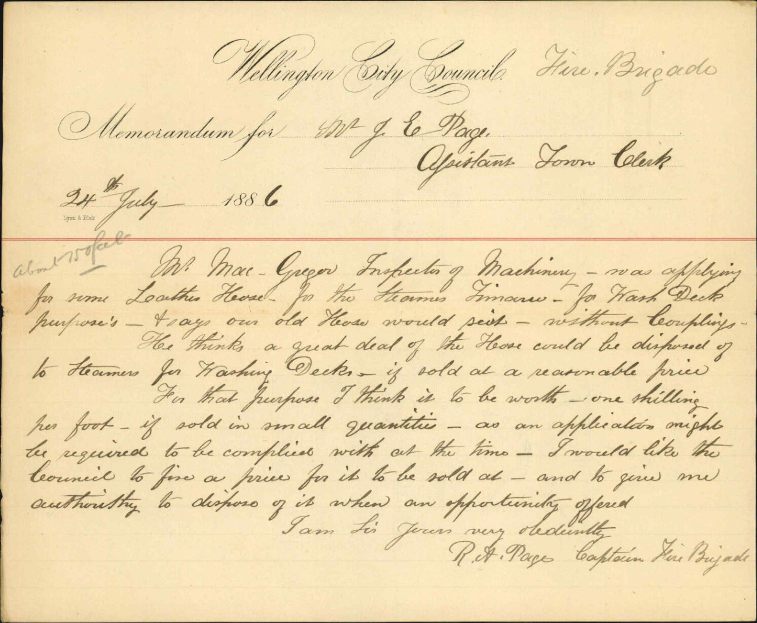 As to sale of old leather hose - Robert A Page (Captain, Fire Brigade)