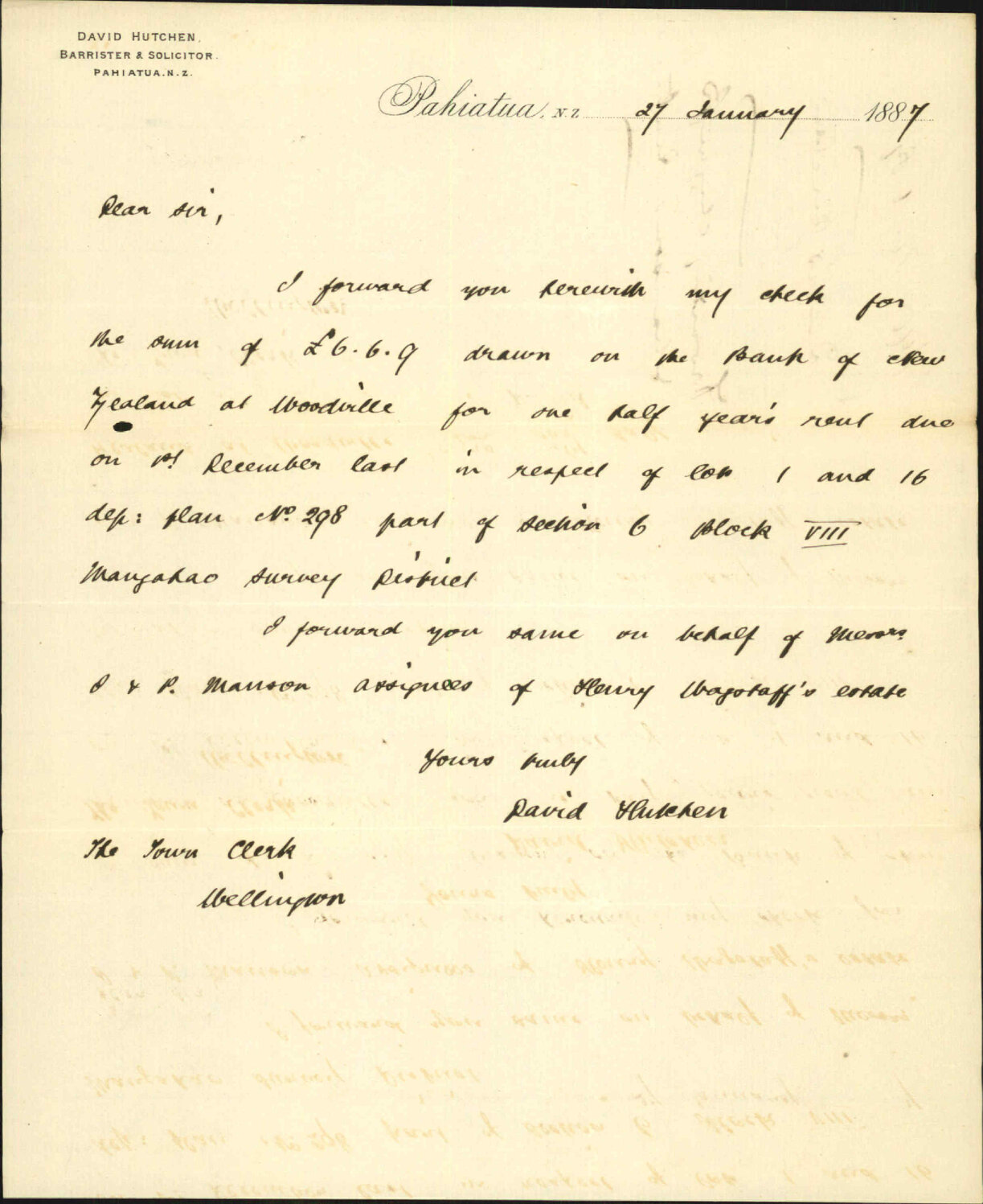 Forwarding cheque for Mansons rent - David Hutchens (Pahiatua)