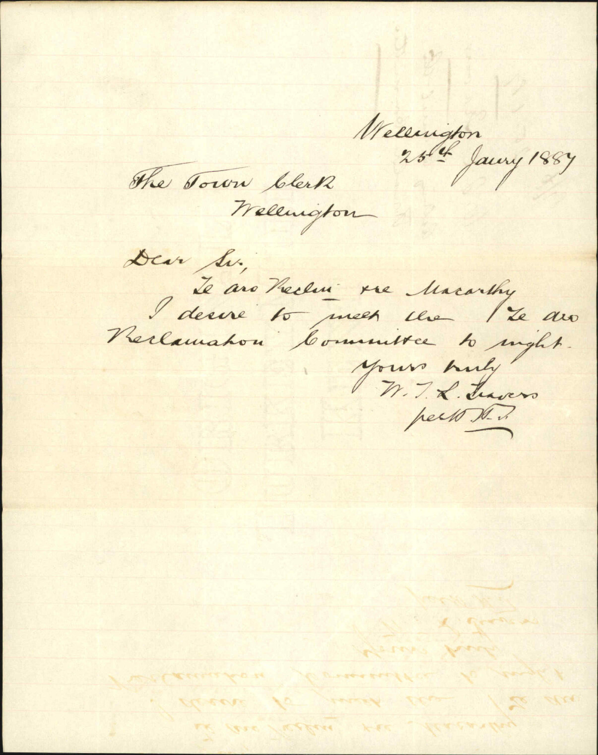 Asking to meet the Te Aro Foreshore Committee - W J R Leavers