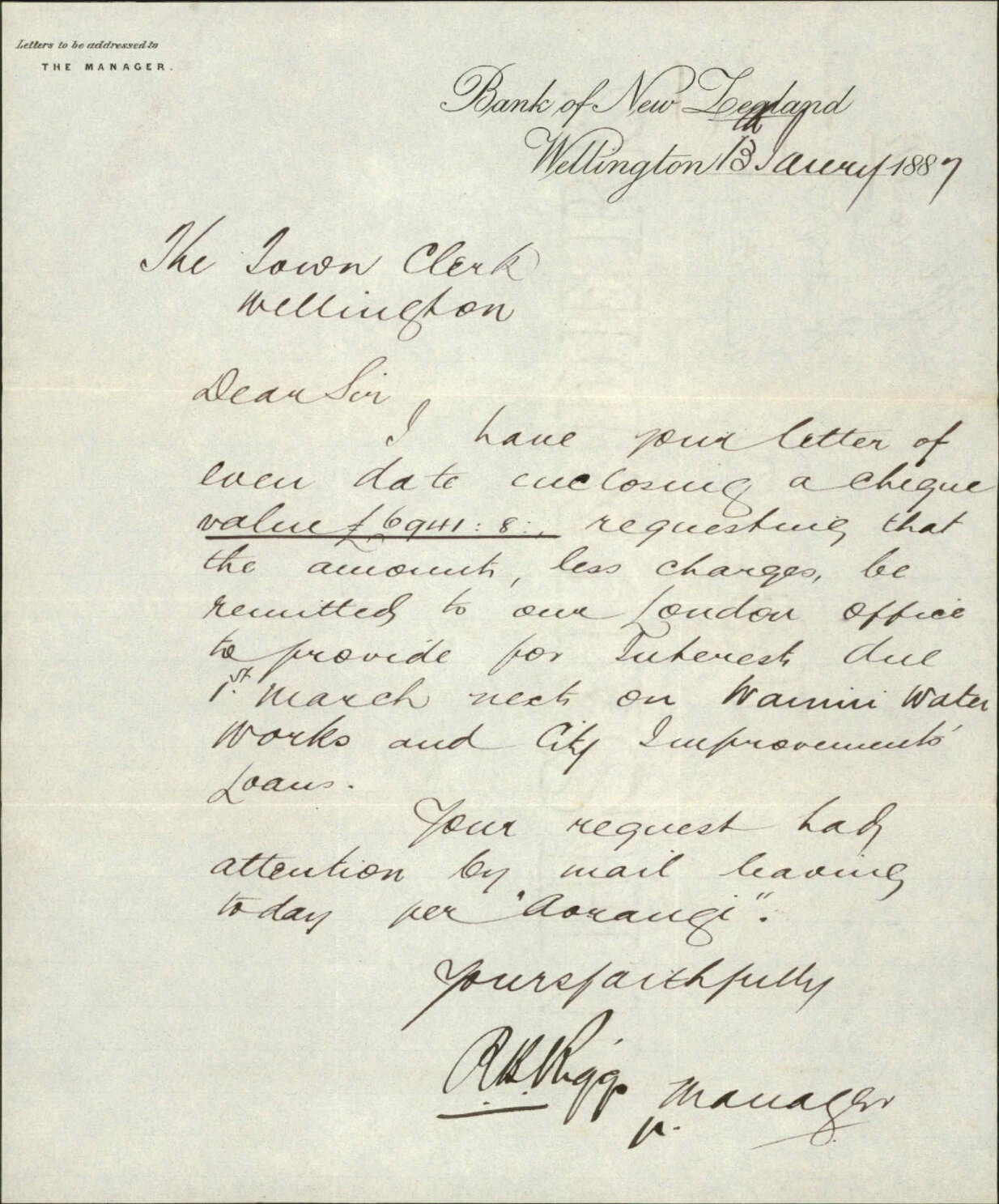 Remittance to London for interest - Bank of New Zealand