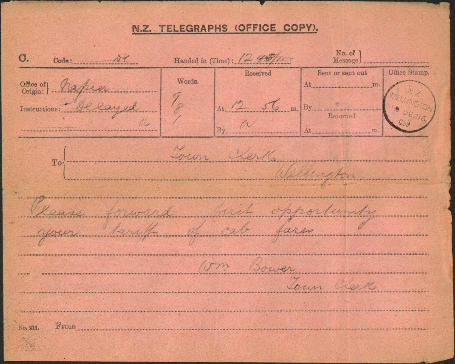 Asking for scale of cab fares - Town Clerk, Napier