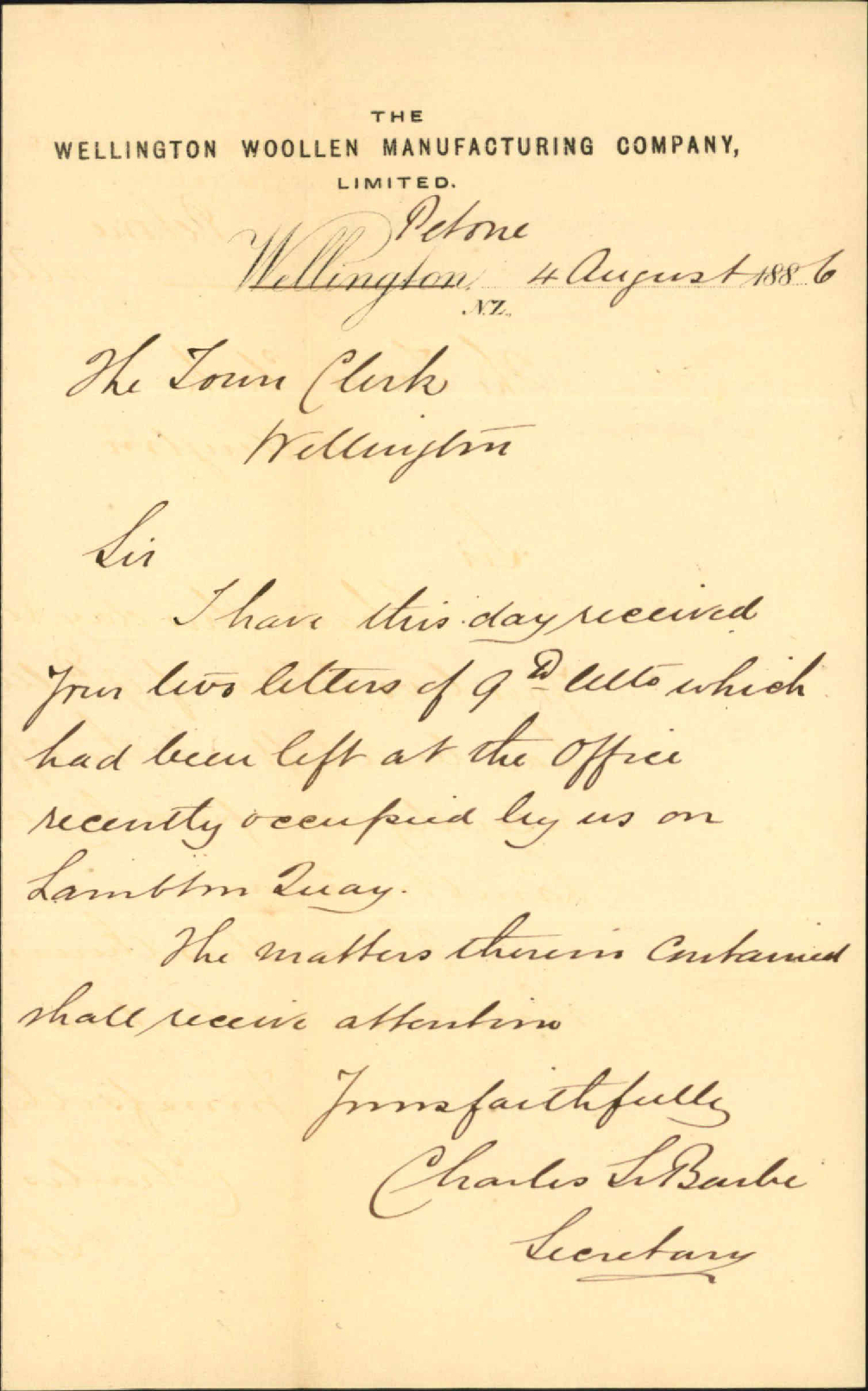 Acknowledgement - Wellington Woollen Manufacturing Company