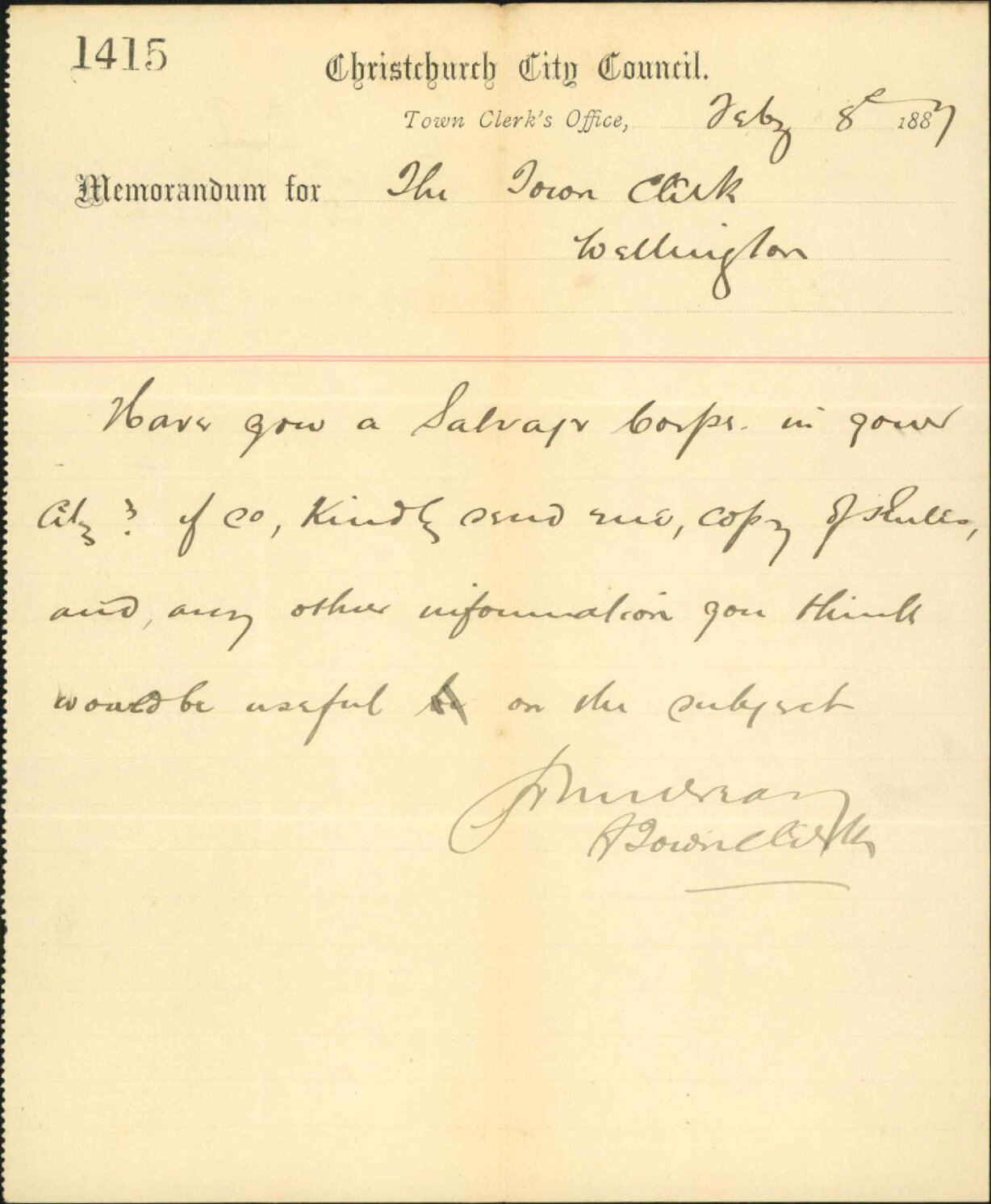 Enquiry as to Salvage Corps - Town Clerk