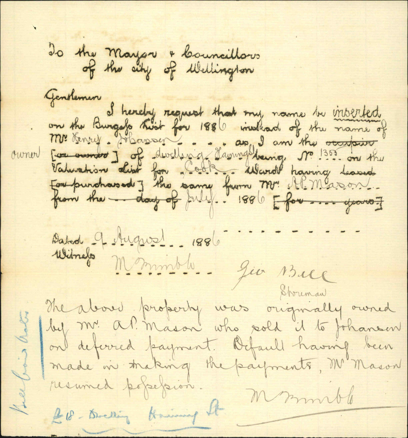 Application to be placed on Burgess Roll - George Bell