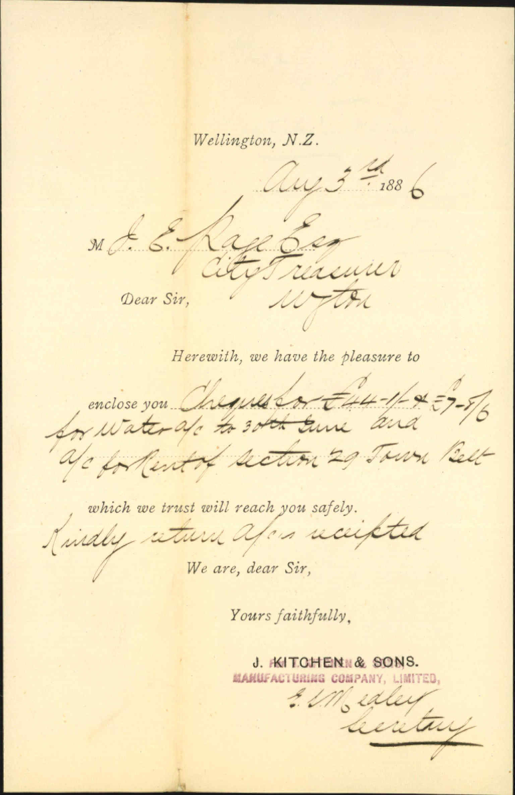 Enclosing cheque for water etc - J Kitchen and sons