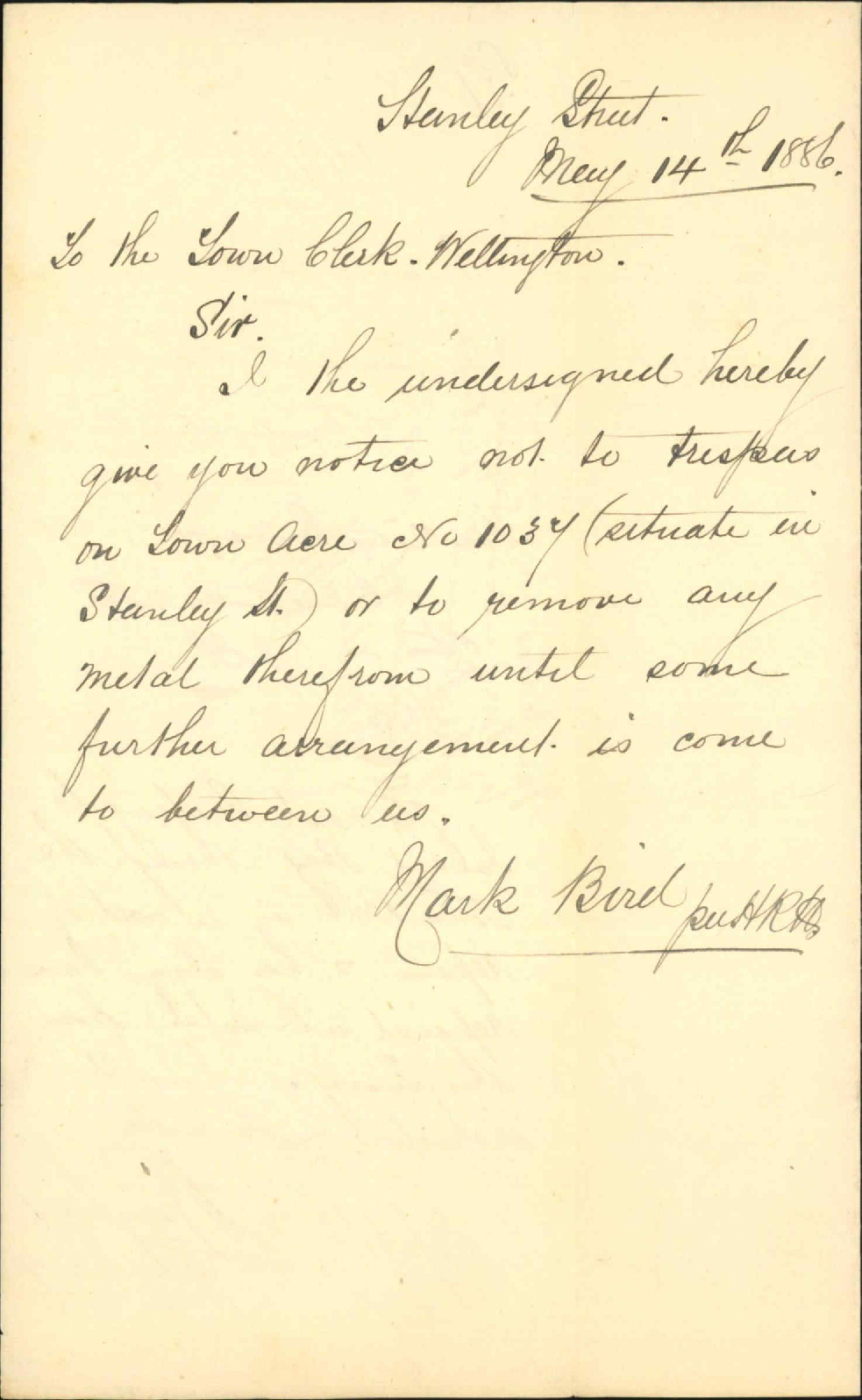 Notice as to acre 1037, Stanley Street - Mark Bird