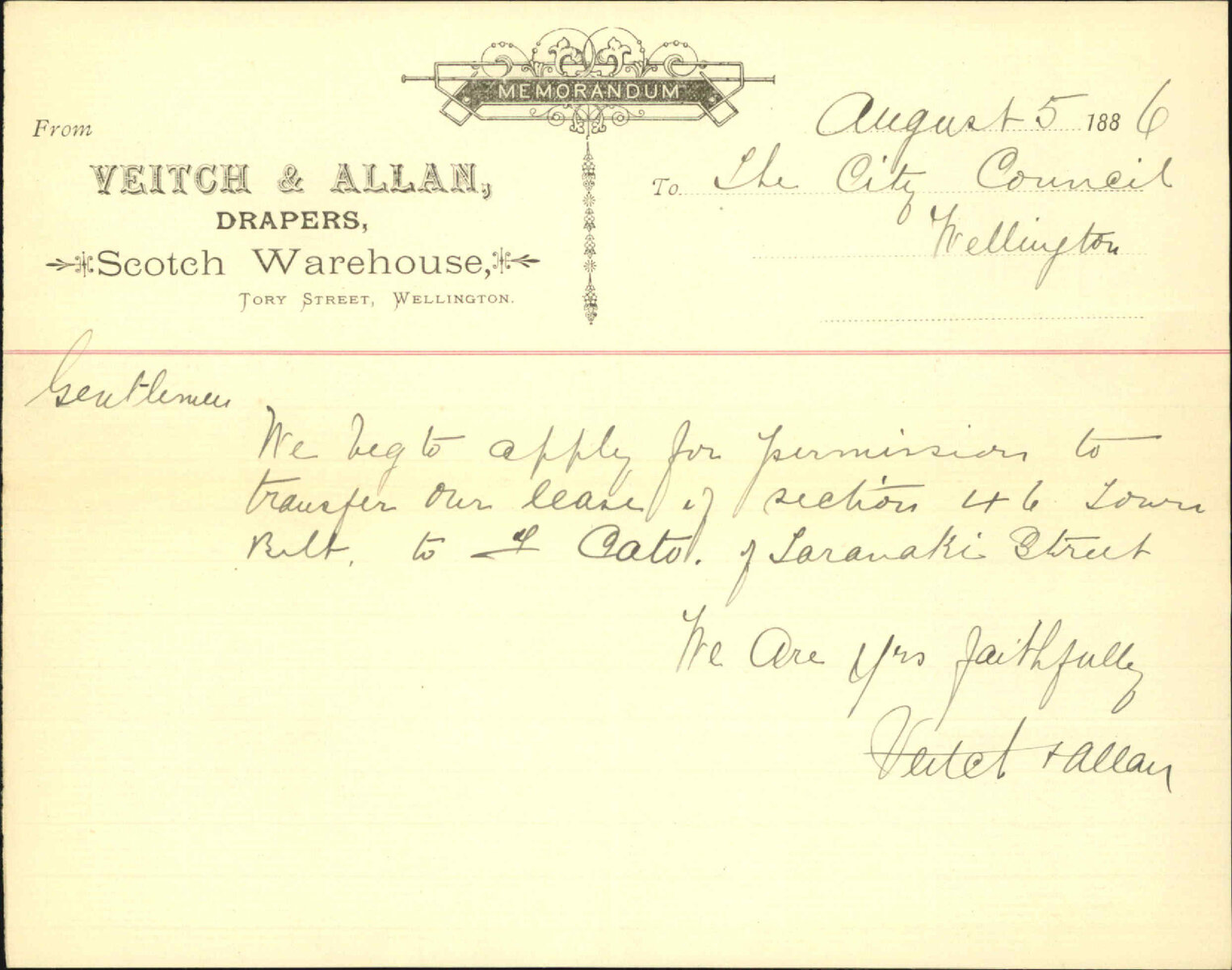 Proposed transfer of lease, section 42 Town Belt - Veitch and Allan