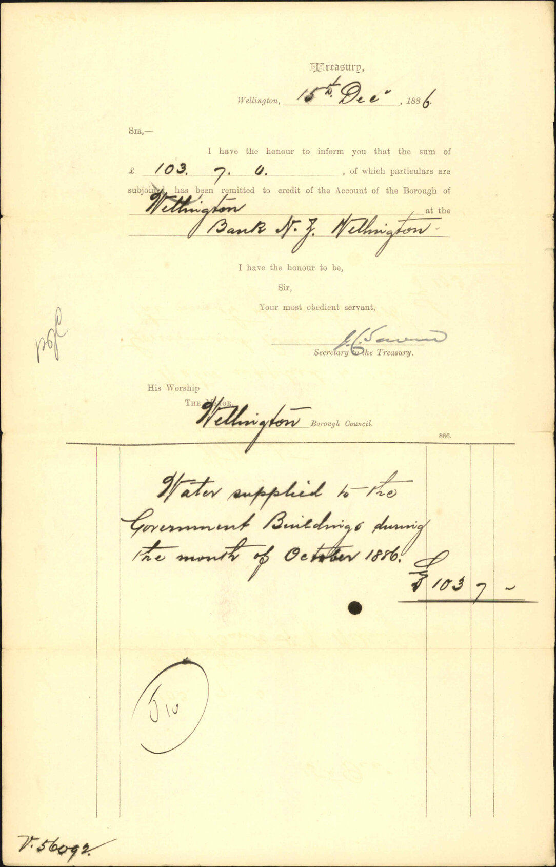 Advising payment of water account - Treasury