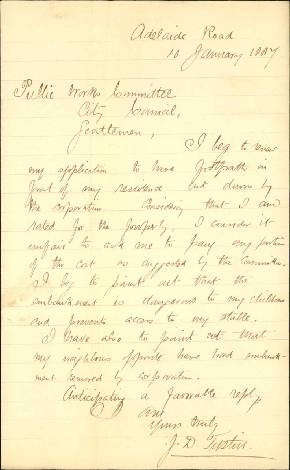 Asking for removal of embankment - J D Tustin