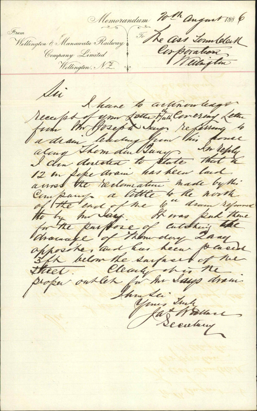 Drainage Thorndon Quay - Wellington and Manawatu Railway Company