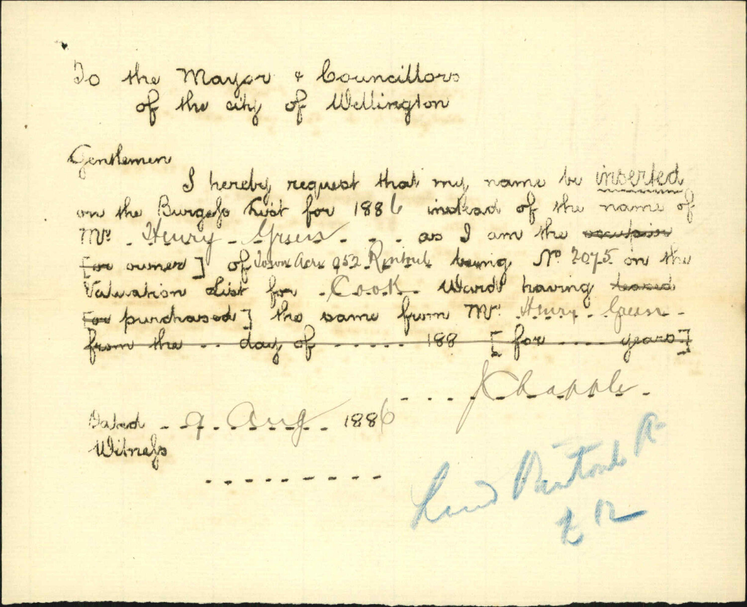 Application to be placed on Burgess roll - J Chapple