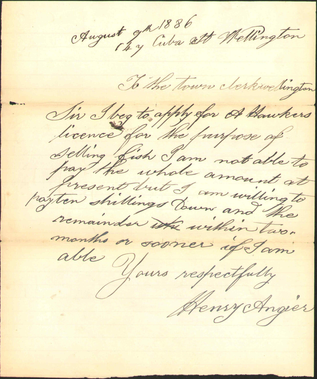 Application regarding Hawkers license - Henry Angier