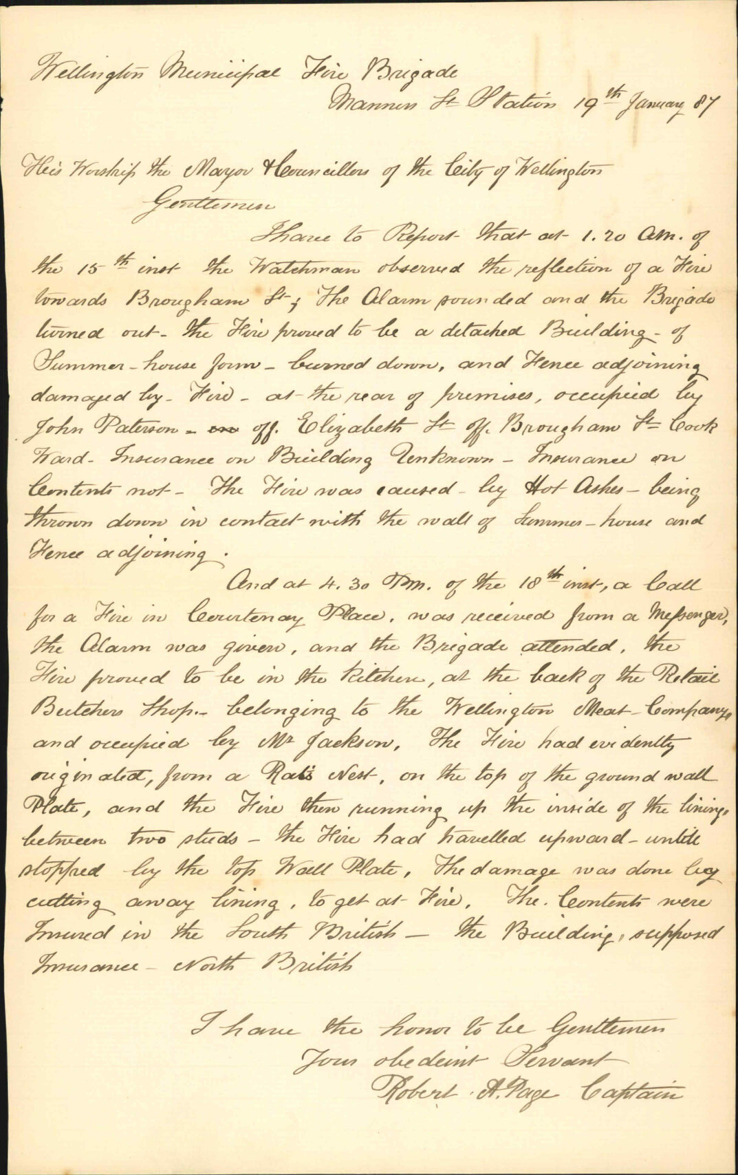 Report re fire off Brougham/Elizabeth Streets - Robert A Page (Captain, Fire Brigade)