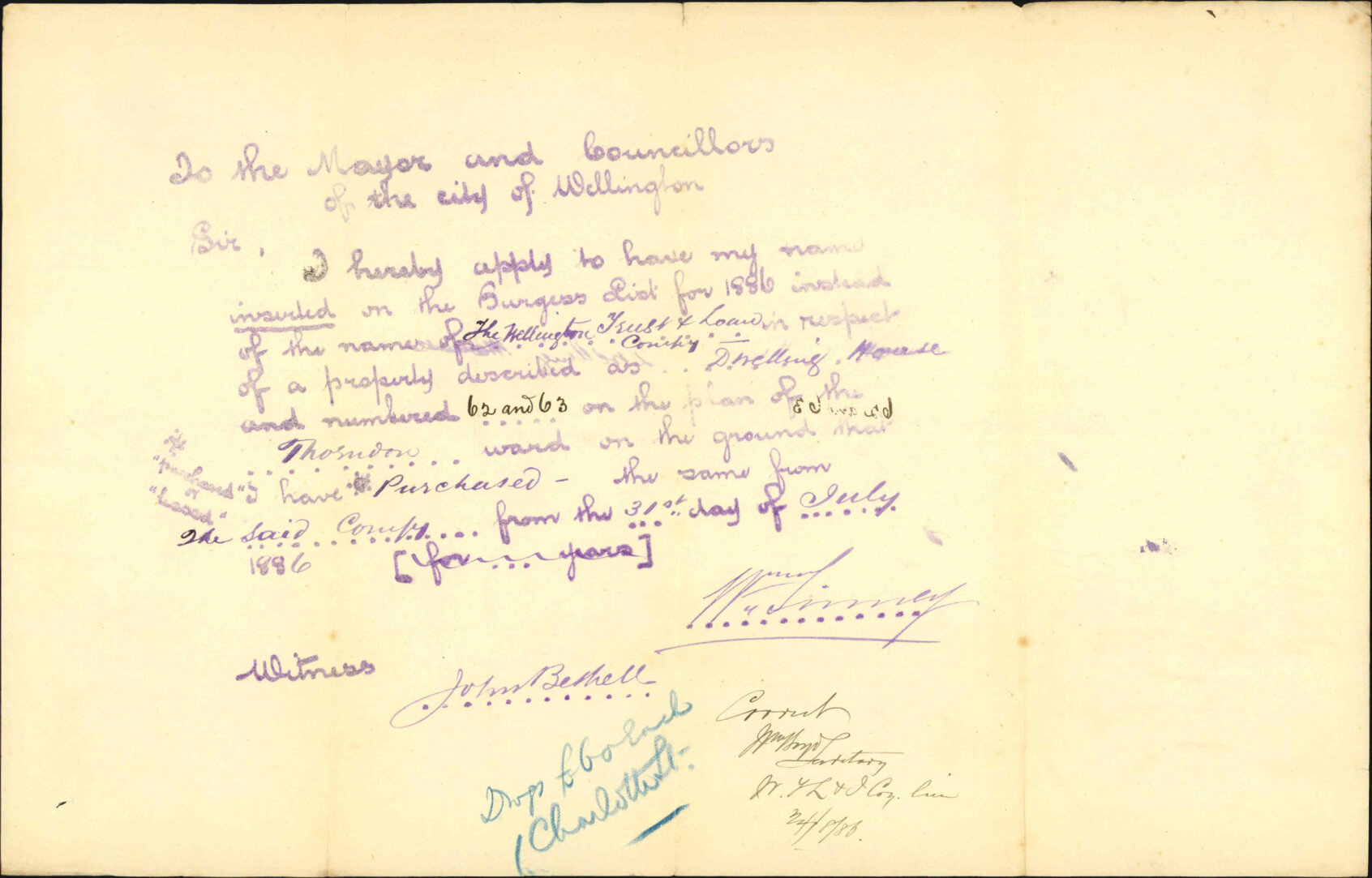 Application to be placed on the Burgess Roll - William Turney