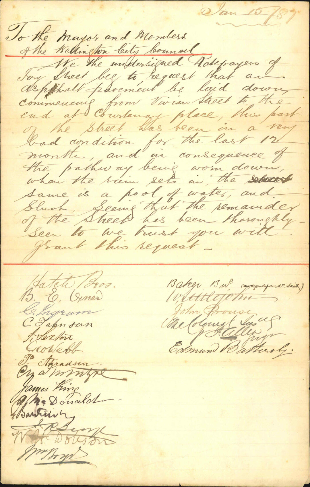 Petition asking for asphalt pavement at Joy Street between Vivian Street and Courtenay Place - Hatch Brothers and others