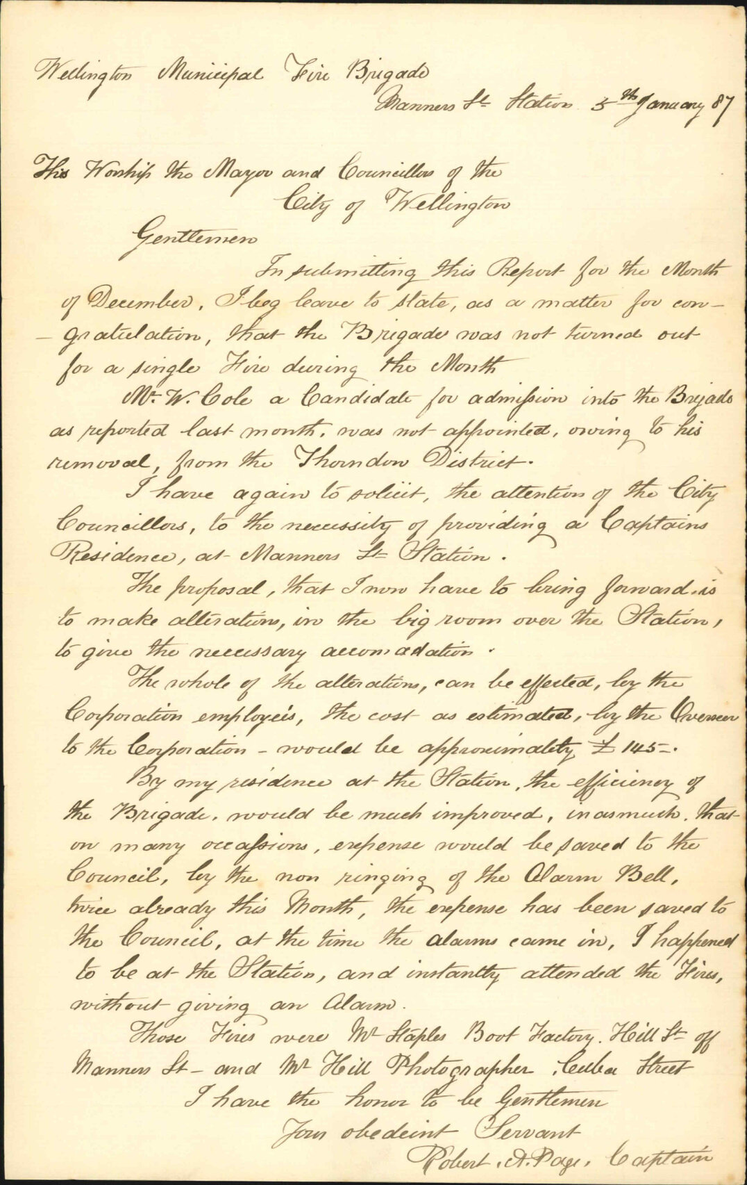 Report for December, also requesting a Captain's Residence at Manners Street Station - Robert A Page (Captain, Fire Brigade)