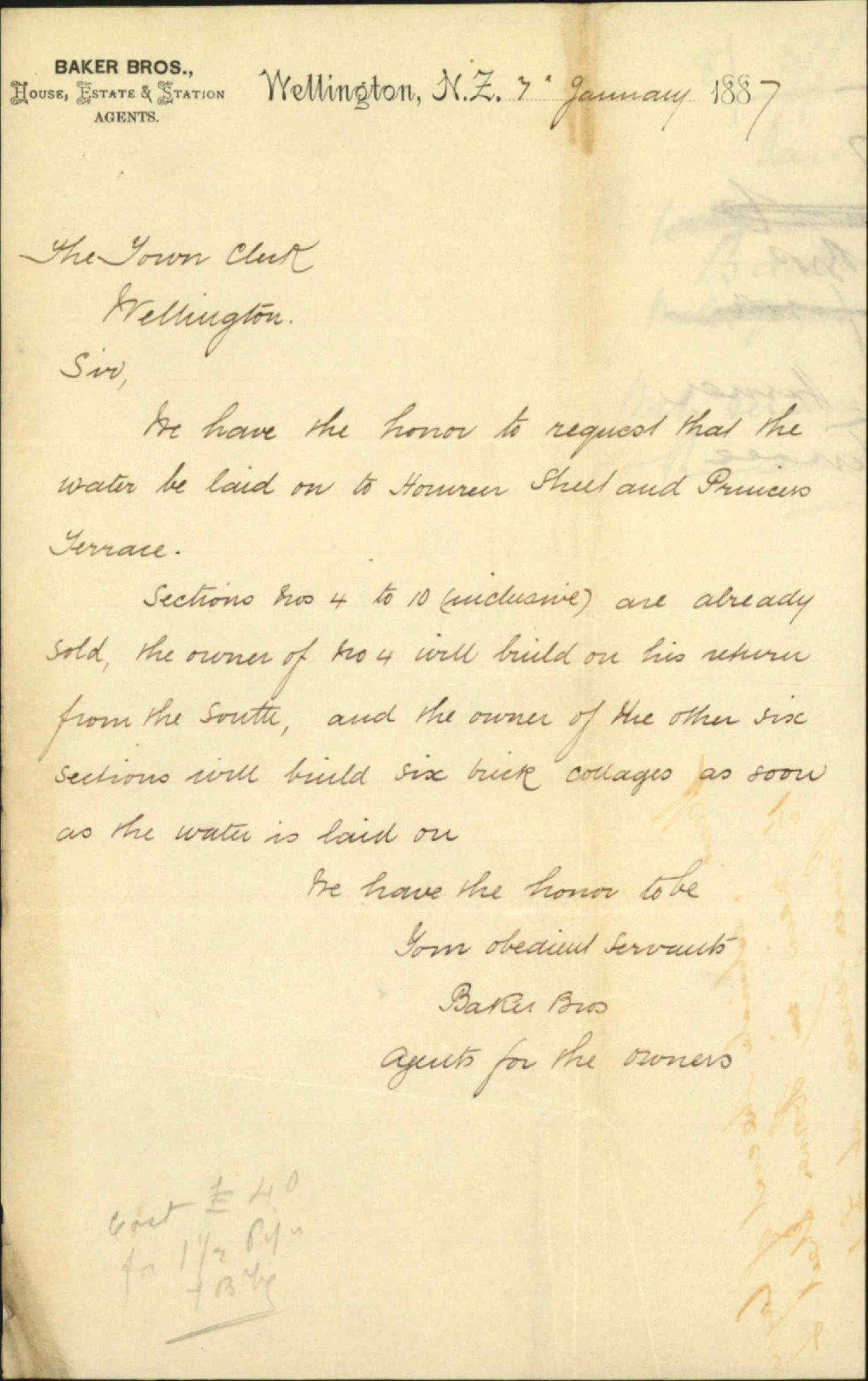 Application for water service, Horner Street and Princess Terrace - Baker Brothers