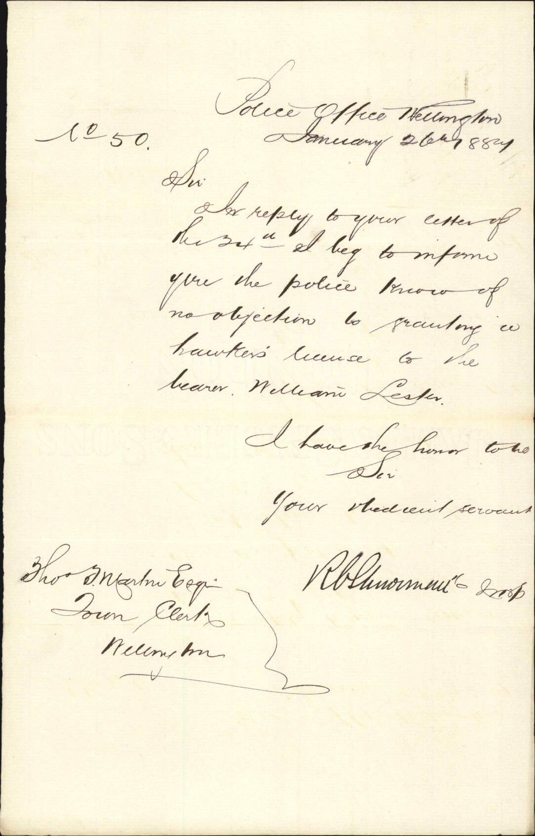 Hawkers license, William Lester - Inspector of Police