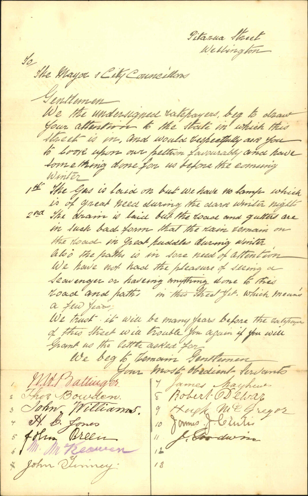 Asking for lighting and drainage in Pitarua Street - W H Ballinger and others