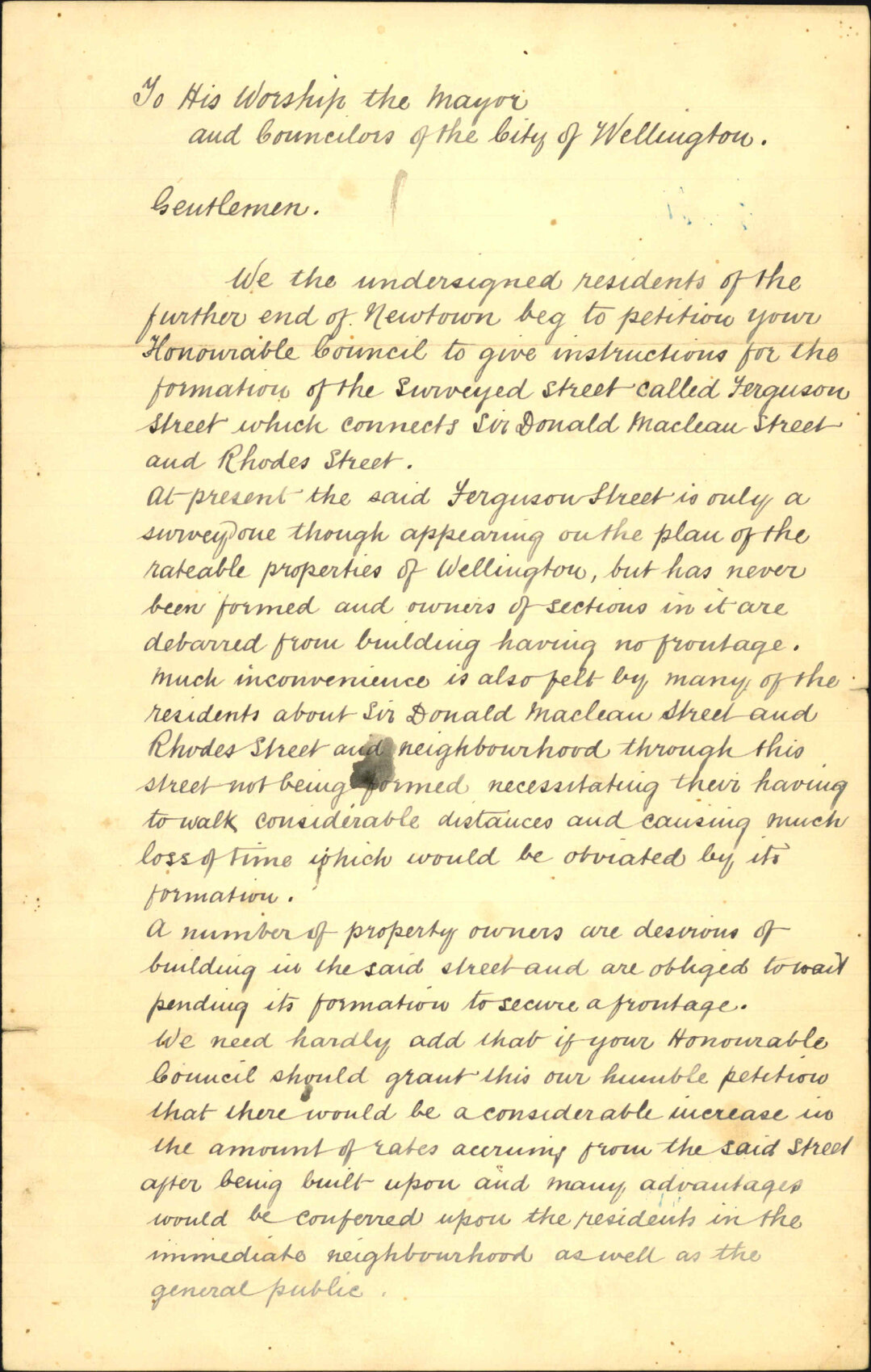 Petition asking for foundations of Ferguson Street - Thomas Antrobers and others