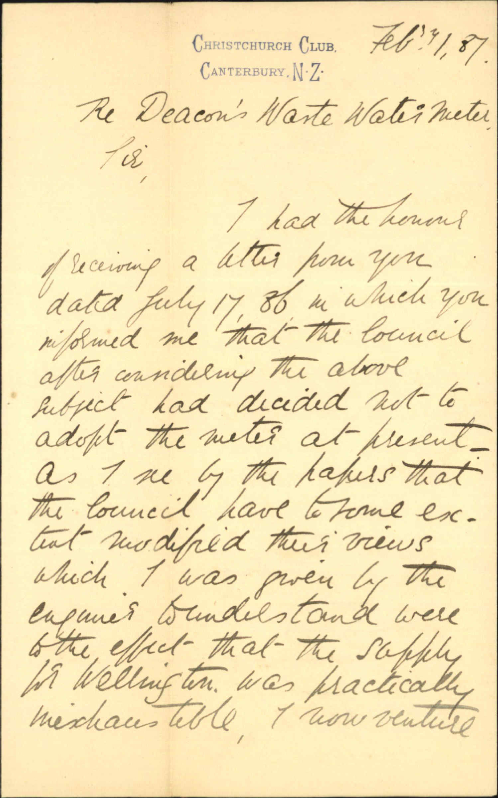 Deacon's want water meter - W Williams (Christchurch)