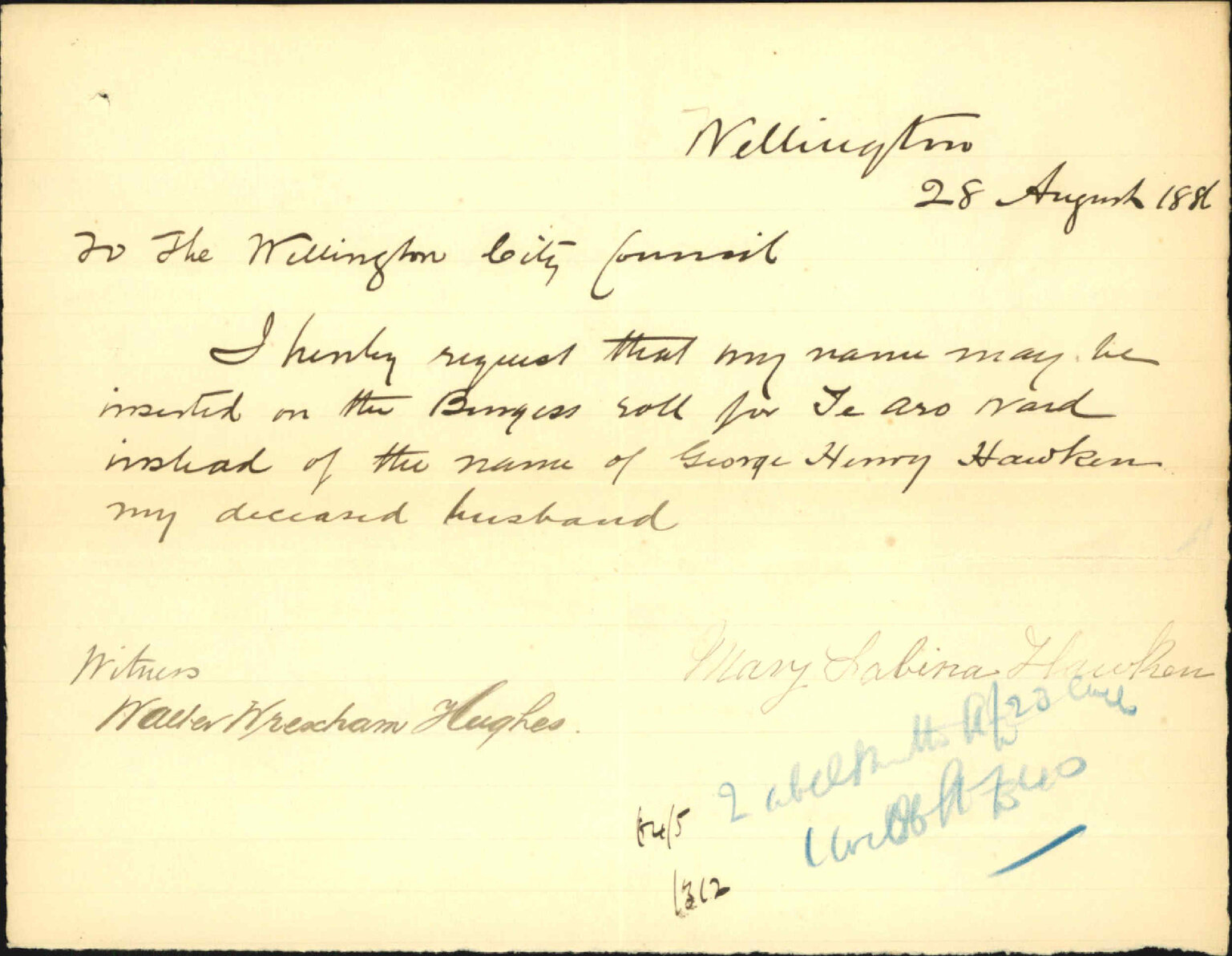 Application to be placed on burgess Roll - Mary Sabina Hawker