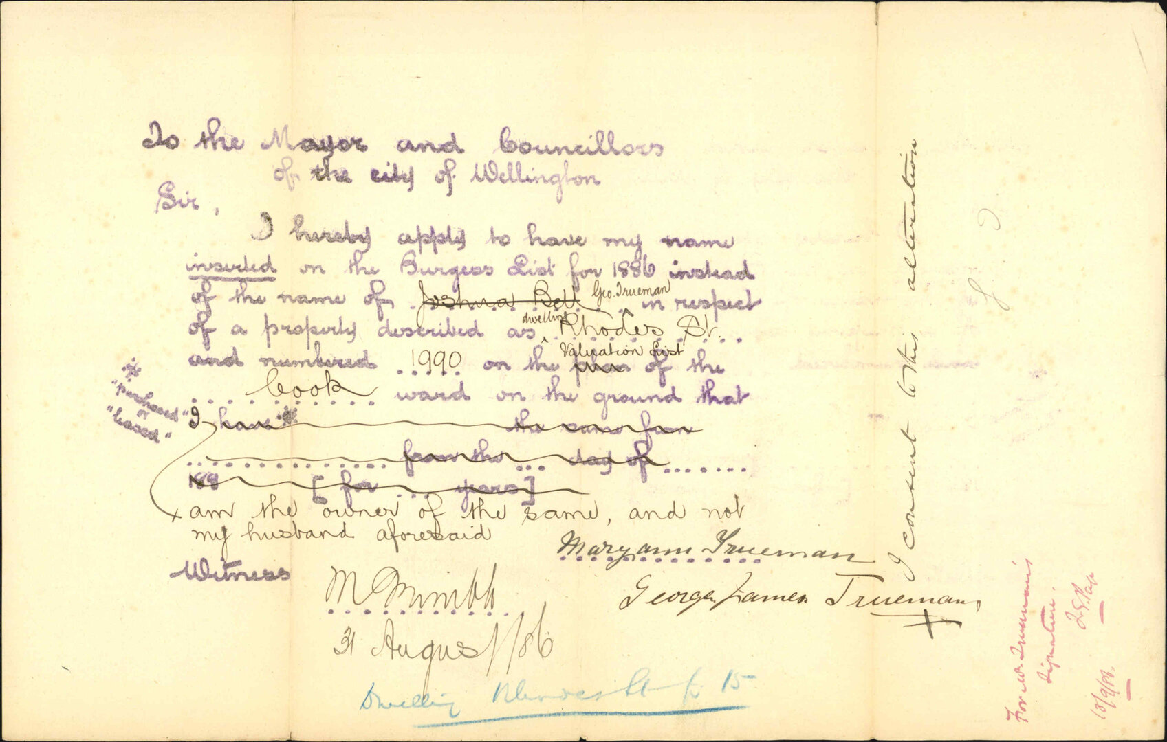 Application to be placed on Burgess Roll - Mary Ann Trueman