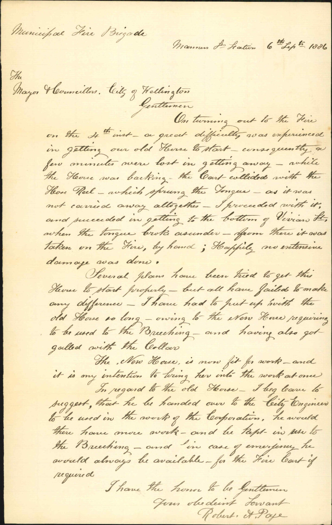 Suggestions as to horses (getting to fires quicker) - Robert A Page (Captain, Fire Brigade)