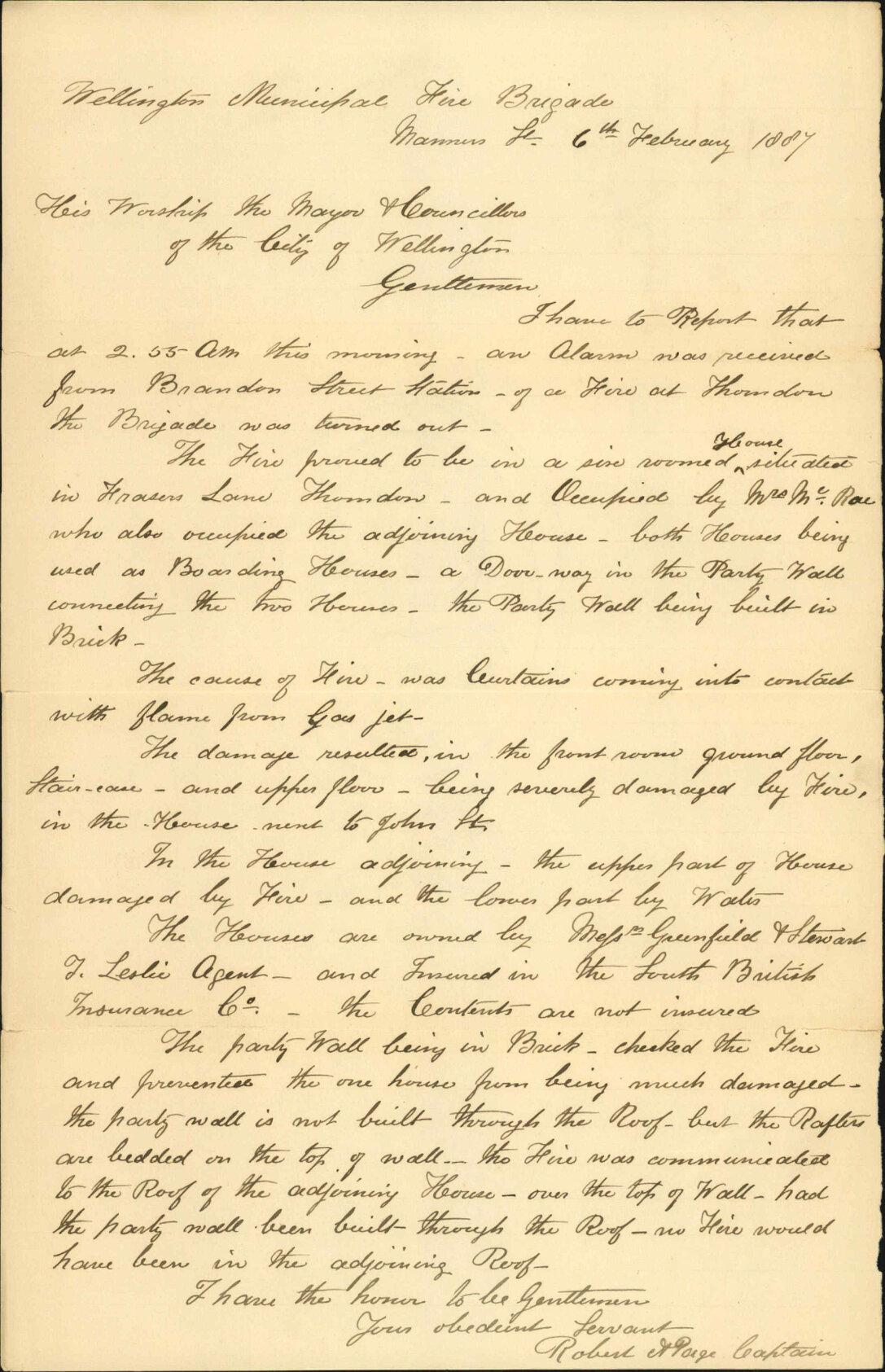 Report regarding fire in Frasers lane on the 6th - Robert A Page (Captain, Fire Brigade)