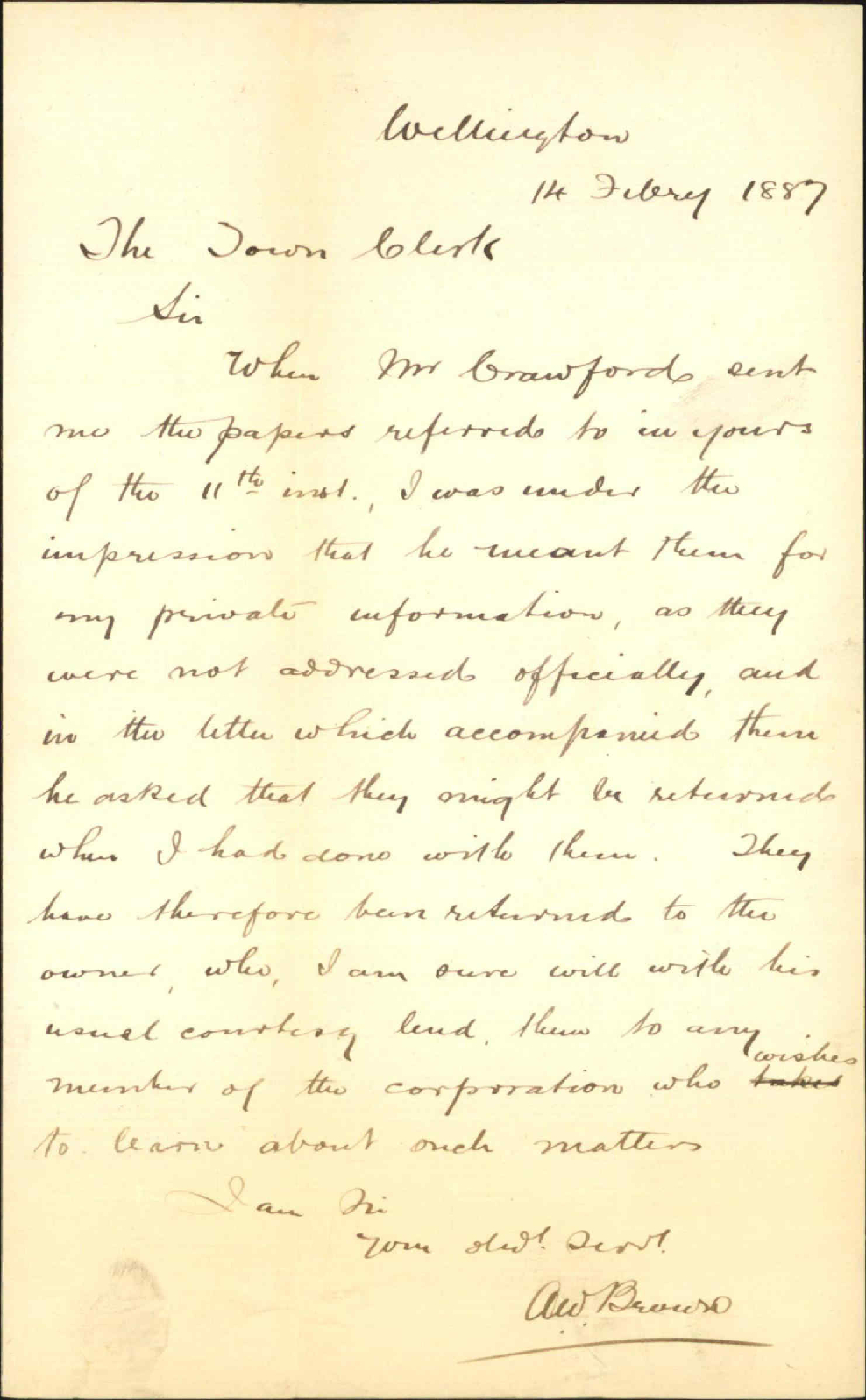 Reply regarding papers from Mr J C Crawford - A W Brown