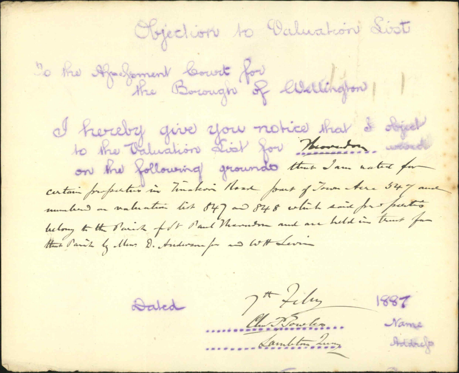 Objection to valuation list - C P Powles
