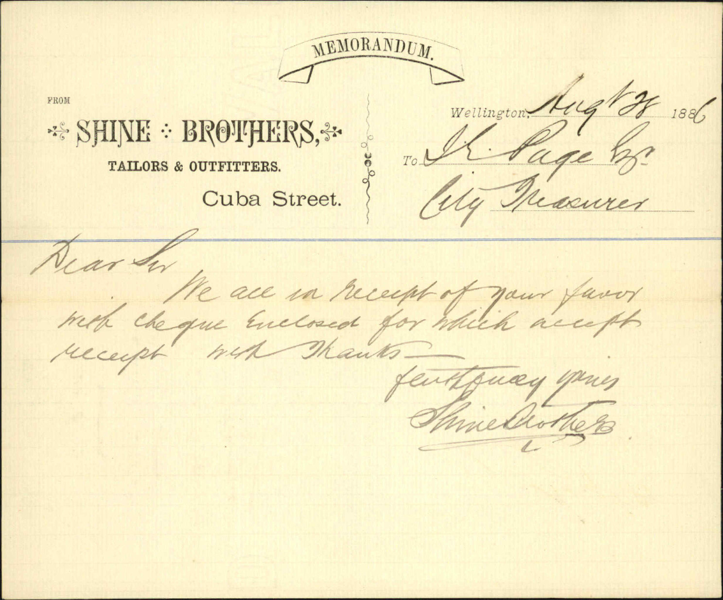 Acknowledging receipt of cheque - Shine Brothers