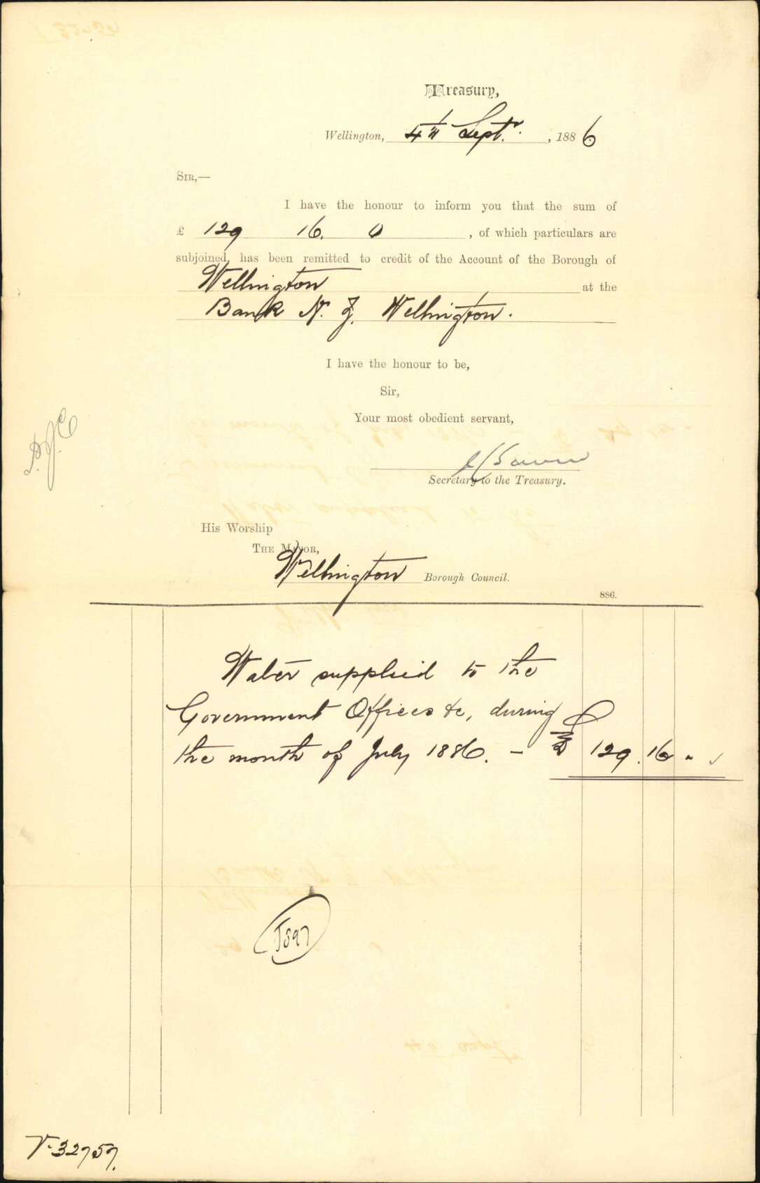 Advising payment of water account - Treasury