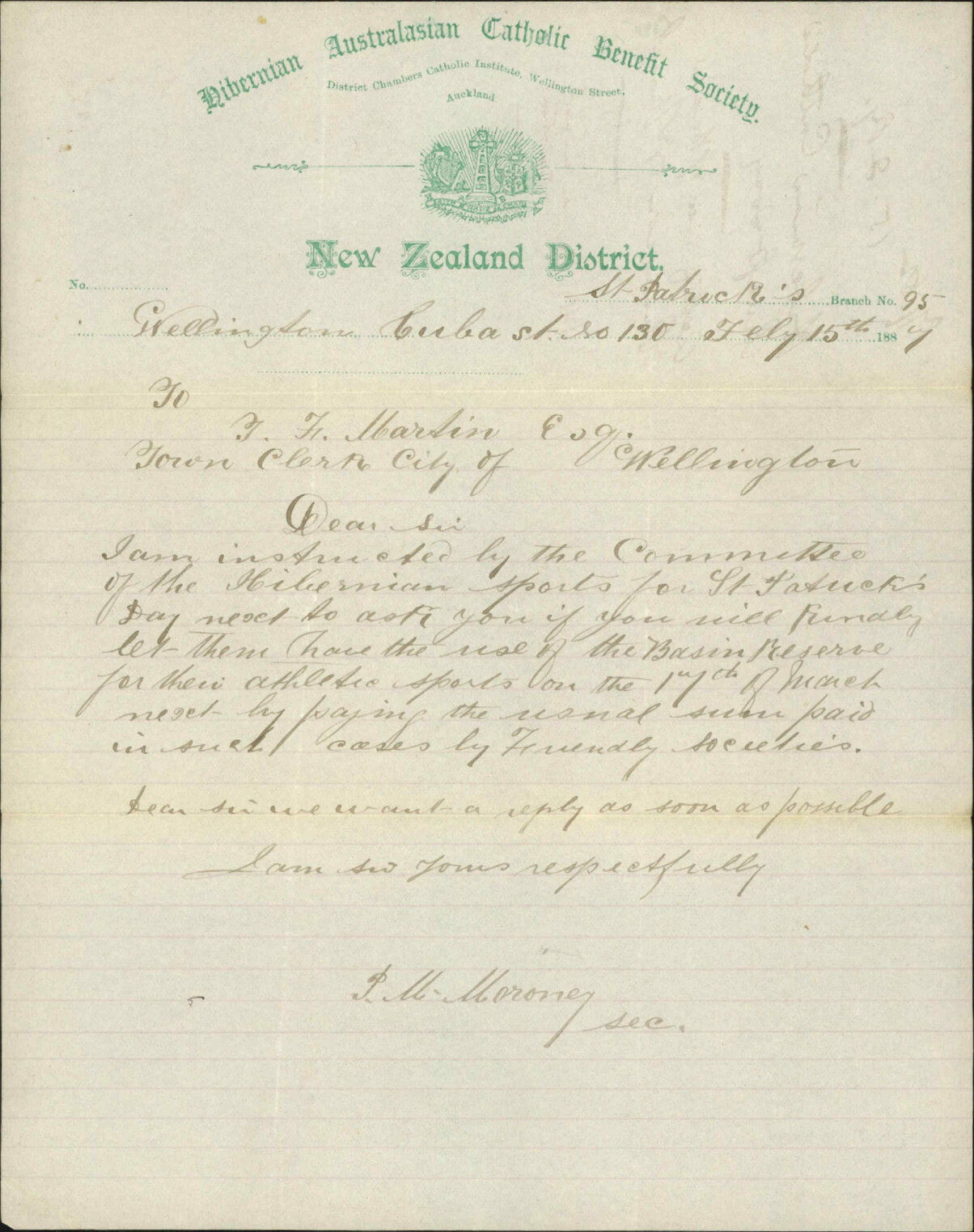 Asking use of Basin Reserve on 17 March - Hibernian Australasian Catholic Benefit Society