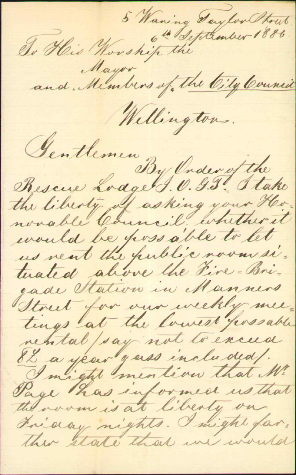 Asking use of Fire Brigade hall for Reserve Lodge - Charles Mollows