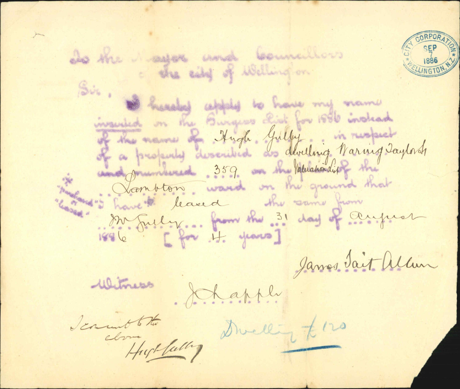 Application to be placed on Burgess Roll - James Tait Allan