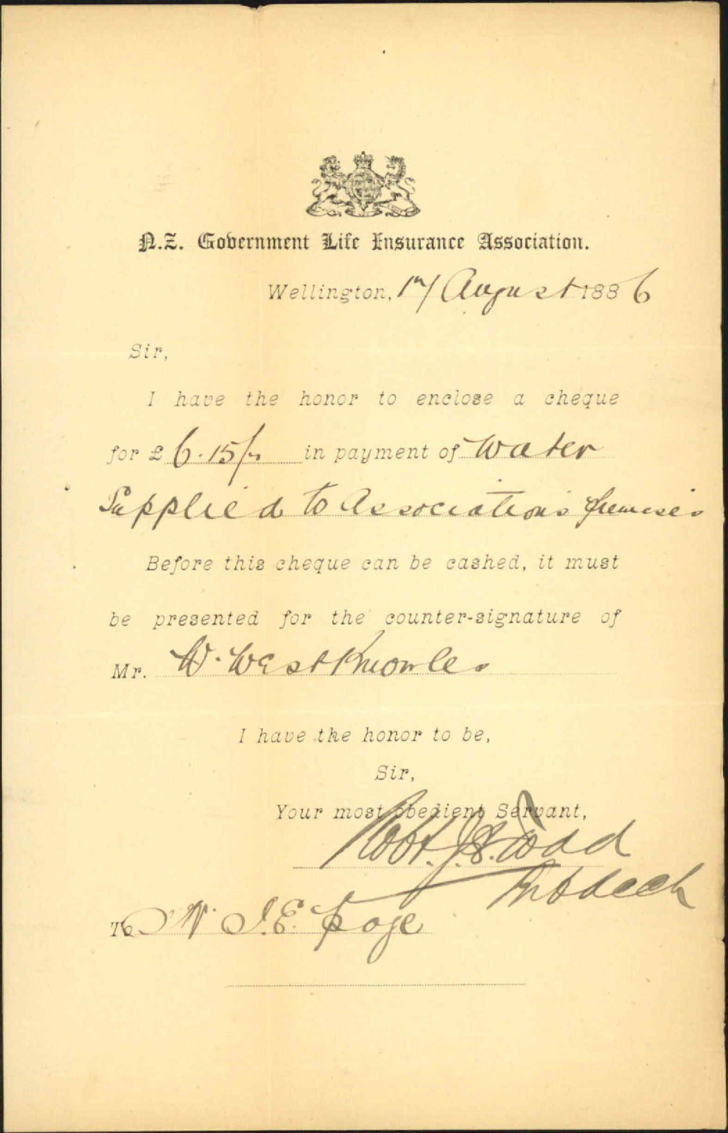 Cheque for water - New Zealand Government Life Insurance Association