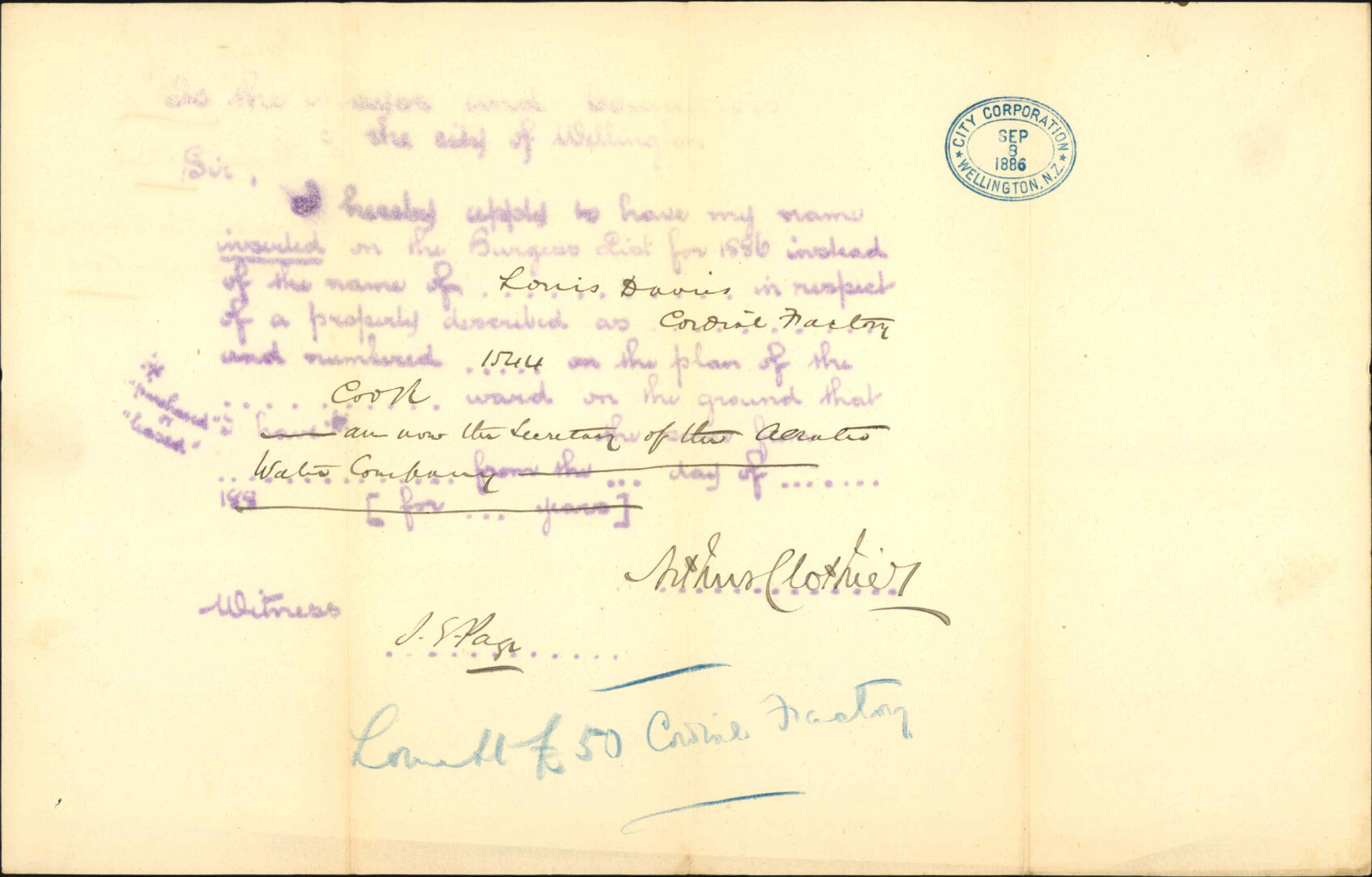 Application to be placed on Burgess roll - Arthur Clothier