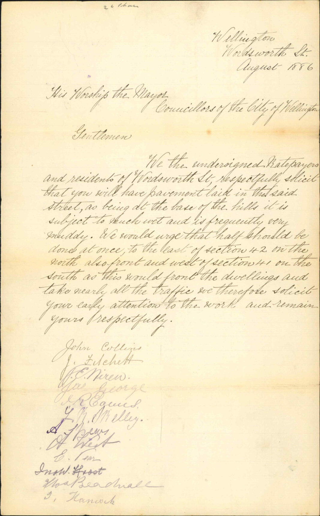 Petition asking for pavement in Wordsworth Street - John Collins and others